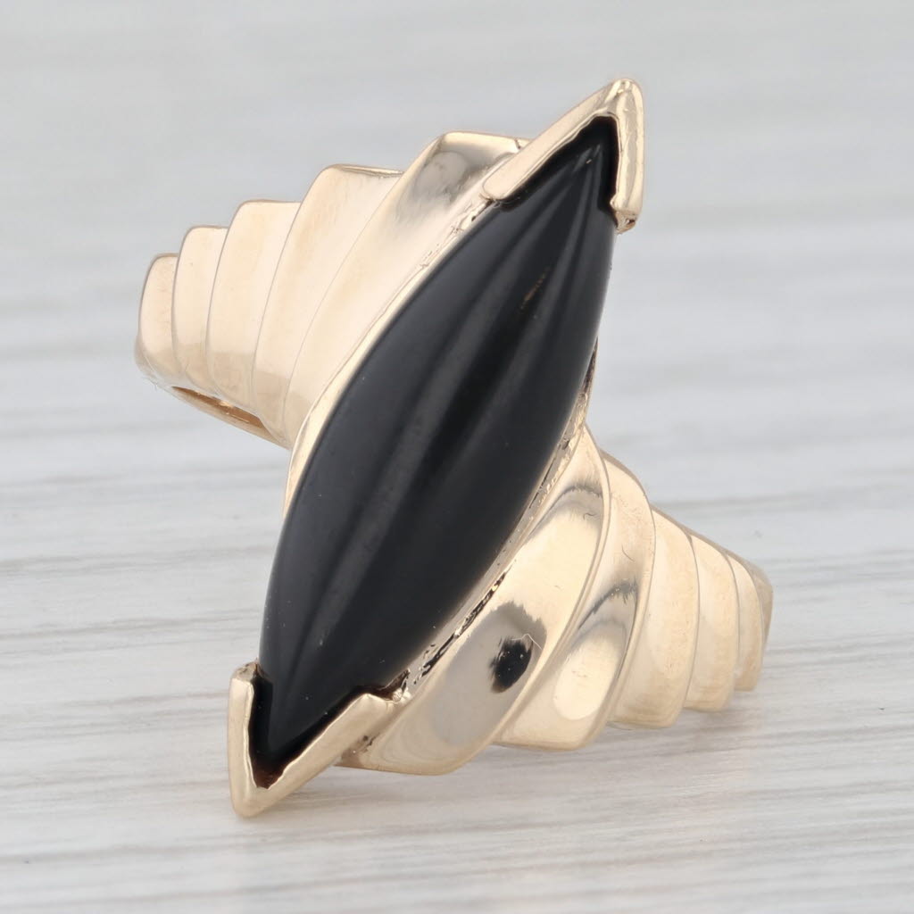 Light Gray Marquise Cabochon Onyx Bypass Ring 14k Yellow Gold Size 6.25 Beveled Band