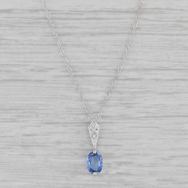 0.40ct Blue Sapphire Diamond Pendant Necklace 14k White Gold 18" Singapore Chain