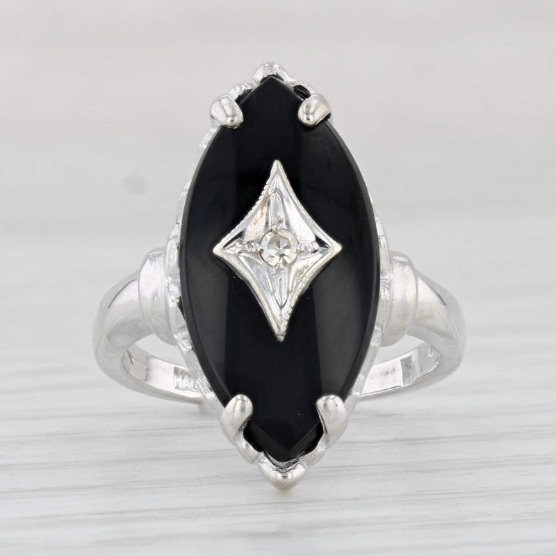 Light Gray Vintage Onyx Diamond Signet Ring 10k White Gold Size 5.75 Hallmark