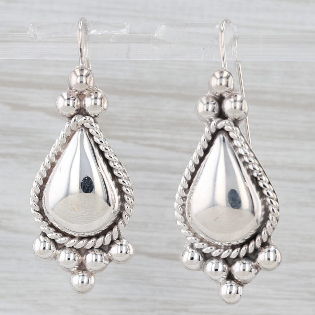 Light Gray Bead Accented Teardrop Earrings Sterling Silver Hook Posts Statement Drops