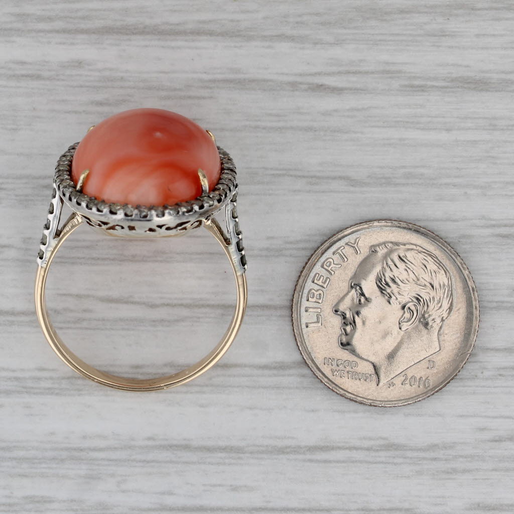 Dark Gray Coral Cabochon Diamond Halo Ring 14k Yellow Gold Silver Size 8