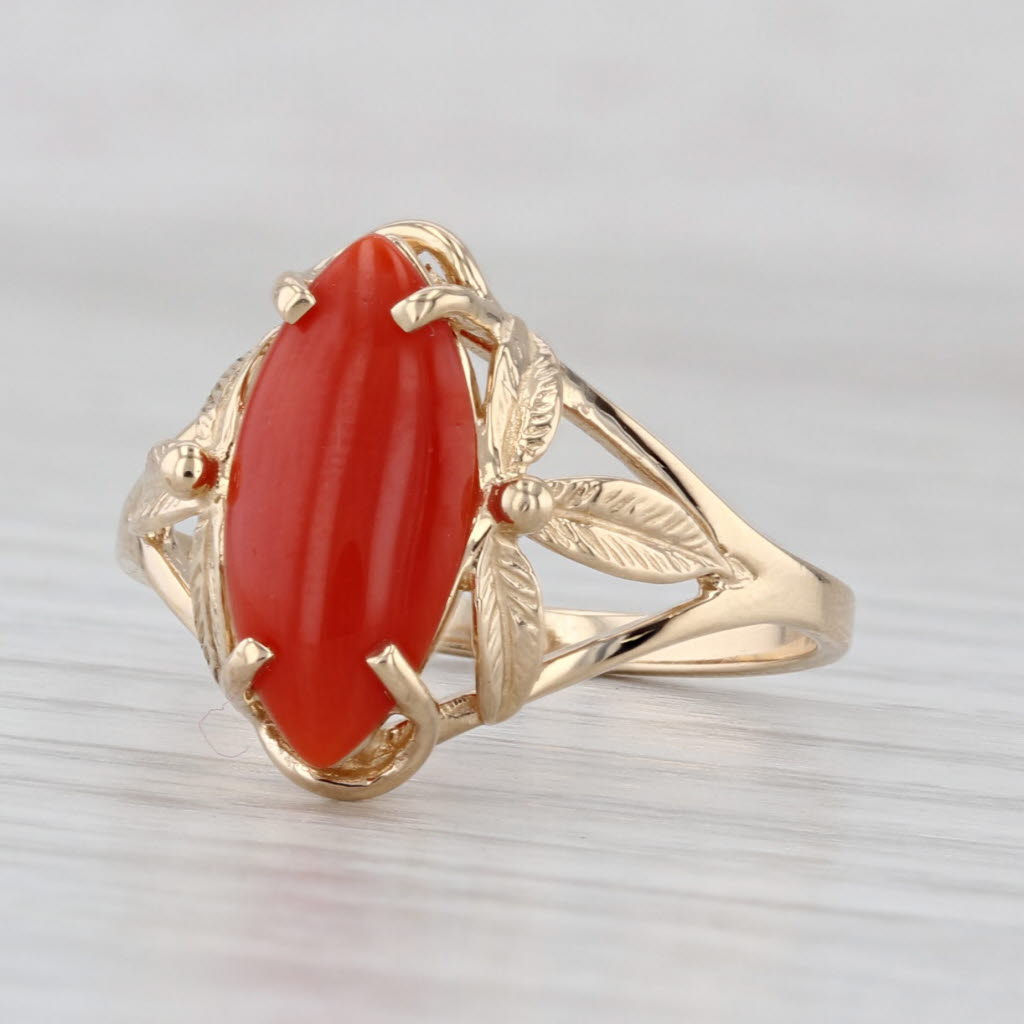 Vintage Coral Navette Cabochon Solitaire Ring 14k Yellow Gold Size 9 Floral