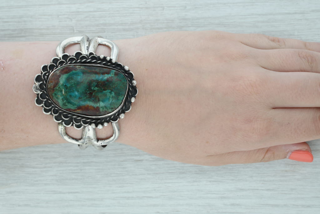 Gray Vintage Sandcast Mixed Stone Native American Bracelet Sterling Silver Statement