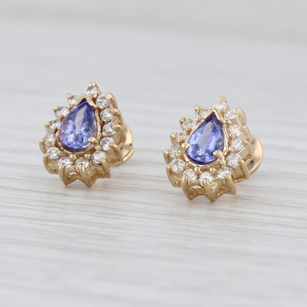 1.40ctw Tanzanite Diamond Halo Stud Earrings 14k Gold Teardrop Studs Clutch Back
