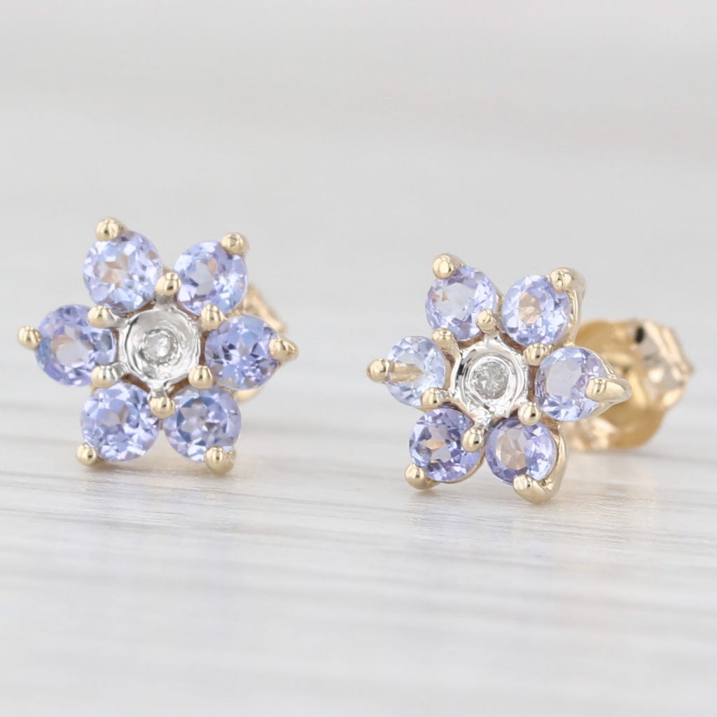 Light Gray 0.60ctw Tanzanite Diamond Flower Stud Earrings 10k Yellow Gold
