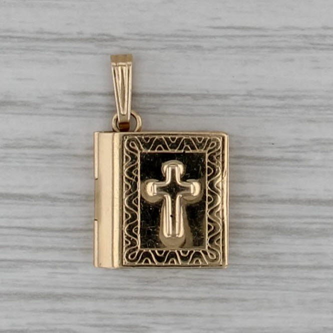 Bible Pendant 14k Yellow Gold Opens List of Books Cross Engravable
