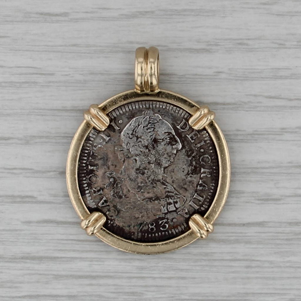 1783 El Cazador 2 Reales Shipwreck Coin Pendant 14k Gold Bezel Fine Silver Coin