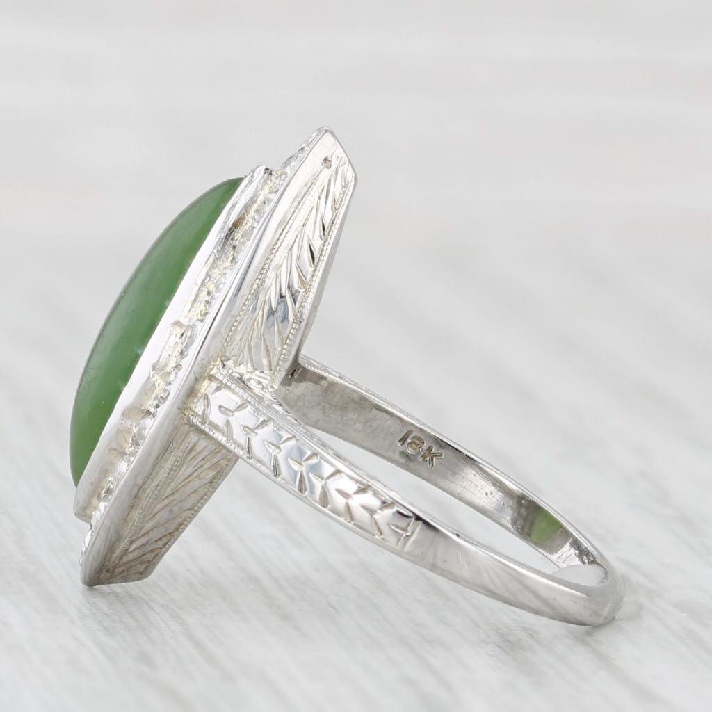 Light Gray Nephrite Navette Cabochon 0.27ctw Diamond Halo Ring 18k White Gold Size 4.5