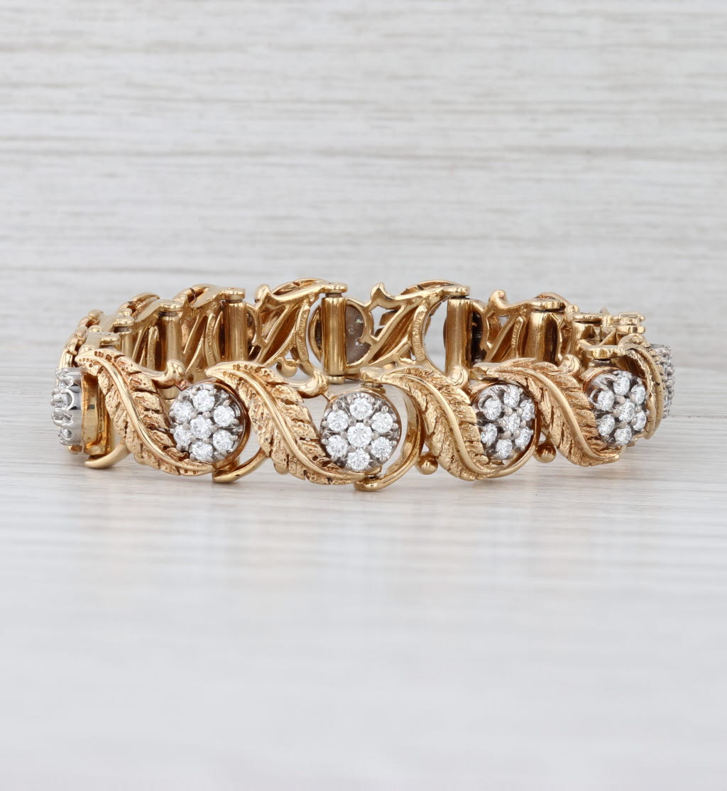 Vintage Jabel 2.50ctw Diamond Flower Leaf Bracelet 18k Yellow Gold 6.5" 10.4mm