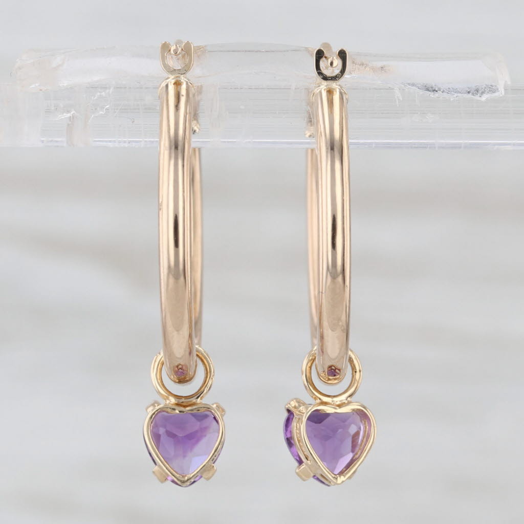 Hoop Earrings with changeable Amethyst Charms 14k Yellow Gold Round Hoops