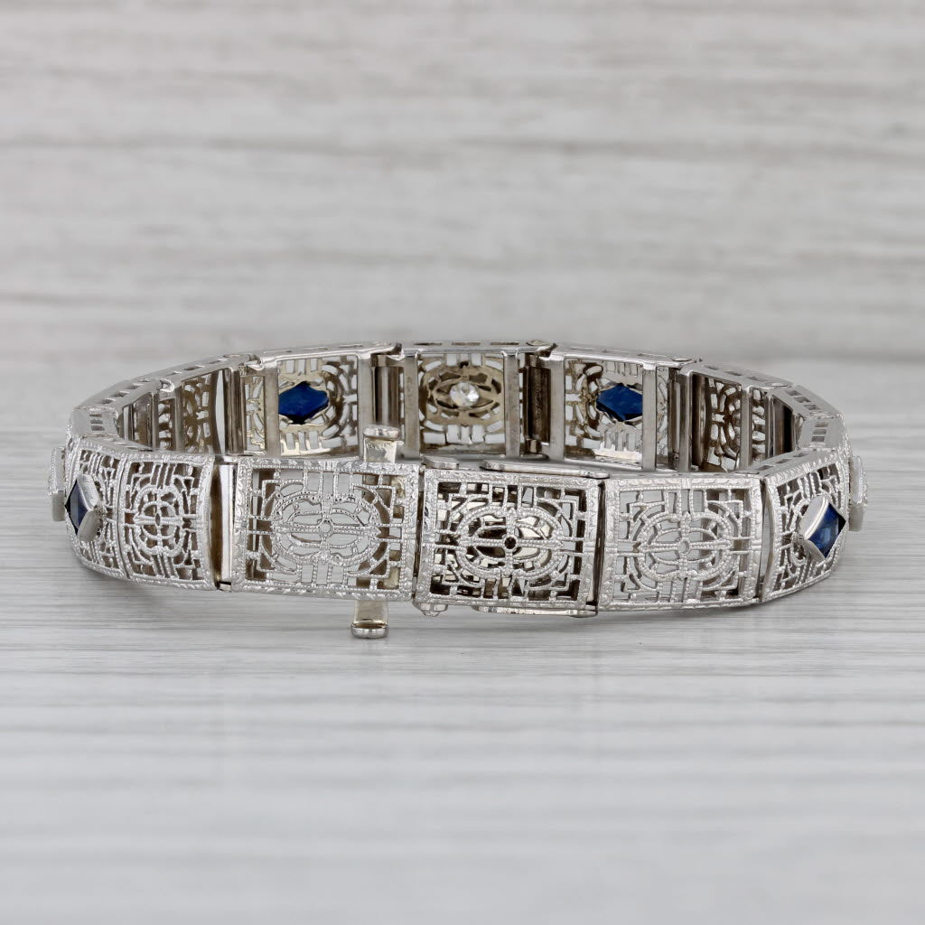 Gray Art Deco 1.74ctw Blue Lab Created Sapphire Diamond Filigree Bracelet 14k Gold