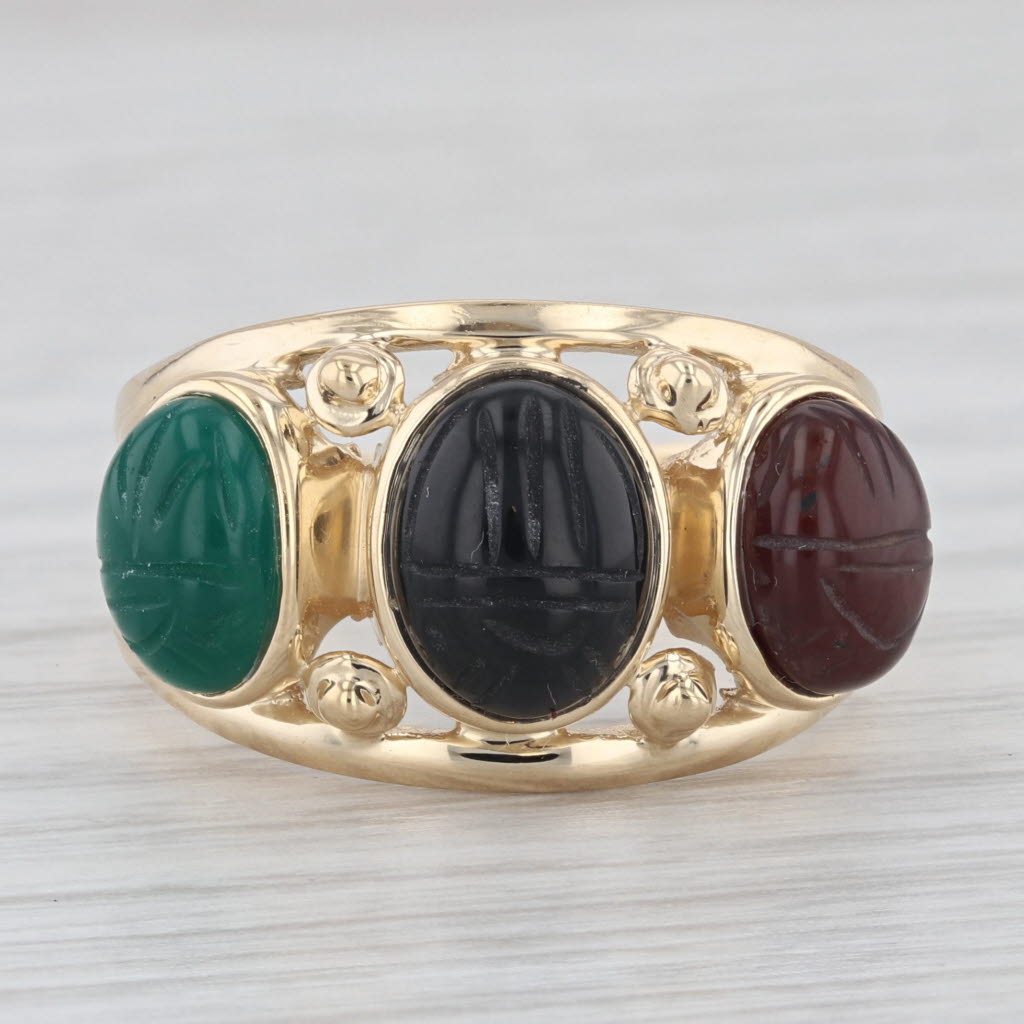 Light Gray Vintage 3 Stone Oval Scarab Chalcedony 14k Yellow Gold Size 10 Ring