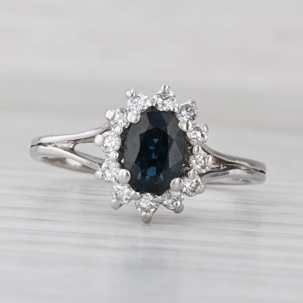 1.36ctw Blue Sapphire Diamond Halo Ring 14k White Gold Engagement Size 8.25