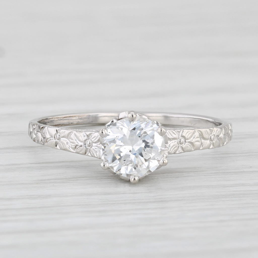 Light Gray Antique Diamond Solitaire Engagement Ring 14k White Gold Floral Band Size 6.25