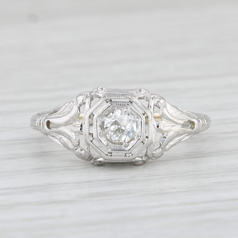 Light Gray Art Deco 0.18ct Diamond Solitaire Engagement Ring 18k White Gold Filigree Size 5
