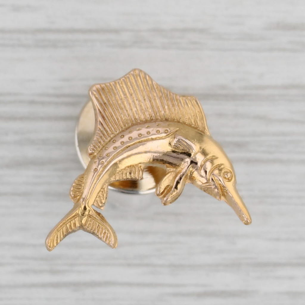 Gray Sword Fish Lapel Pin 14k Yellow Gold Tie Tac