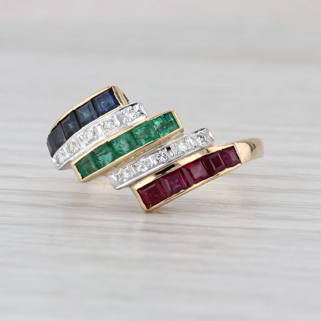 1.07ctw Ruby Emerald Sapphire Diamond Bypass Ring 18k Yellow Gold Size 6