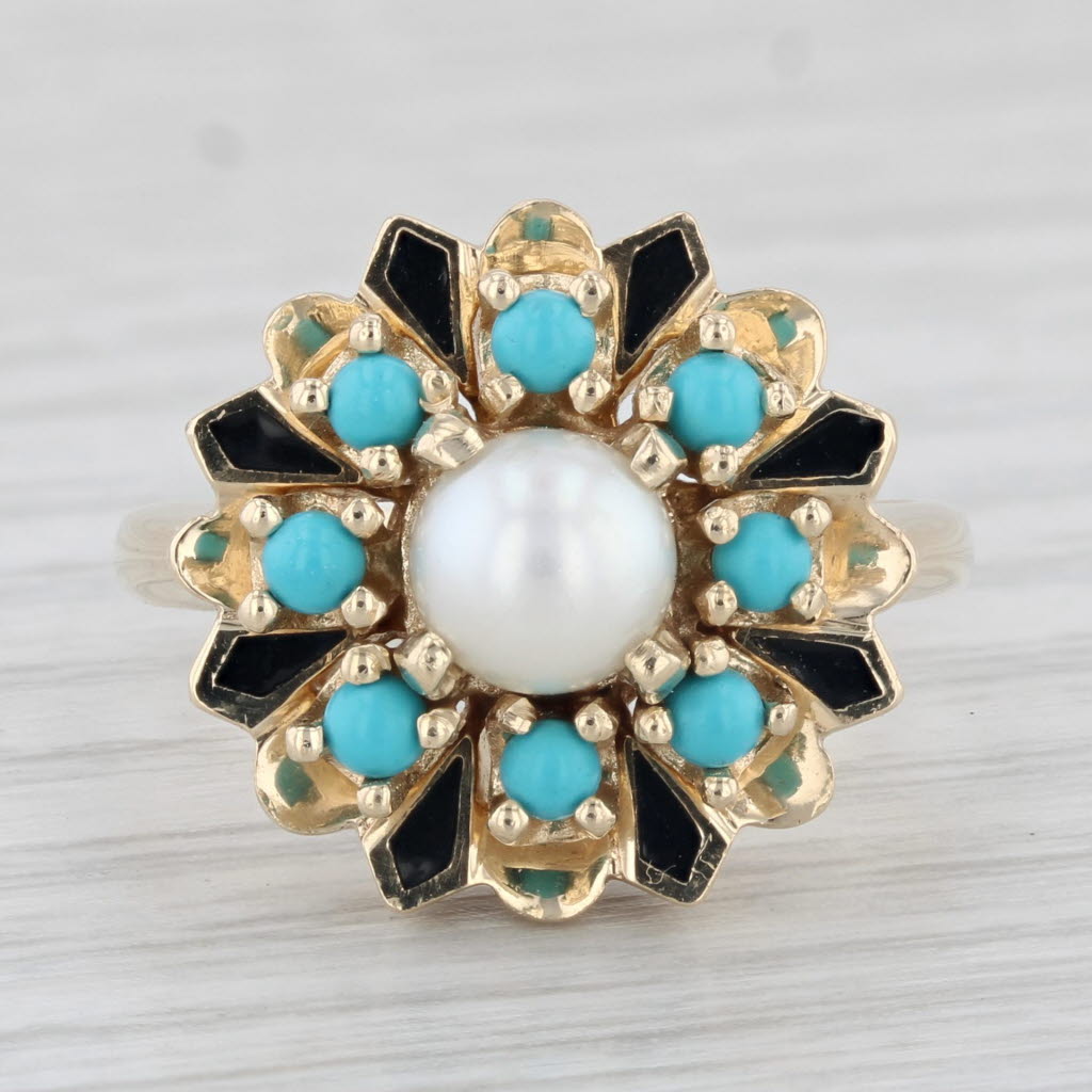 Light Gray Vintage Cultured Pearl Turquoise Cluster Flower Ring 14k Yellow Gold Size 6.75