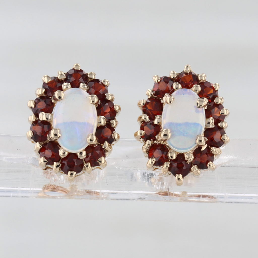 Oval Cabochon Opal Garnet Halo Stud Earrings 14k Yellow Gold Studs