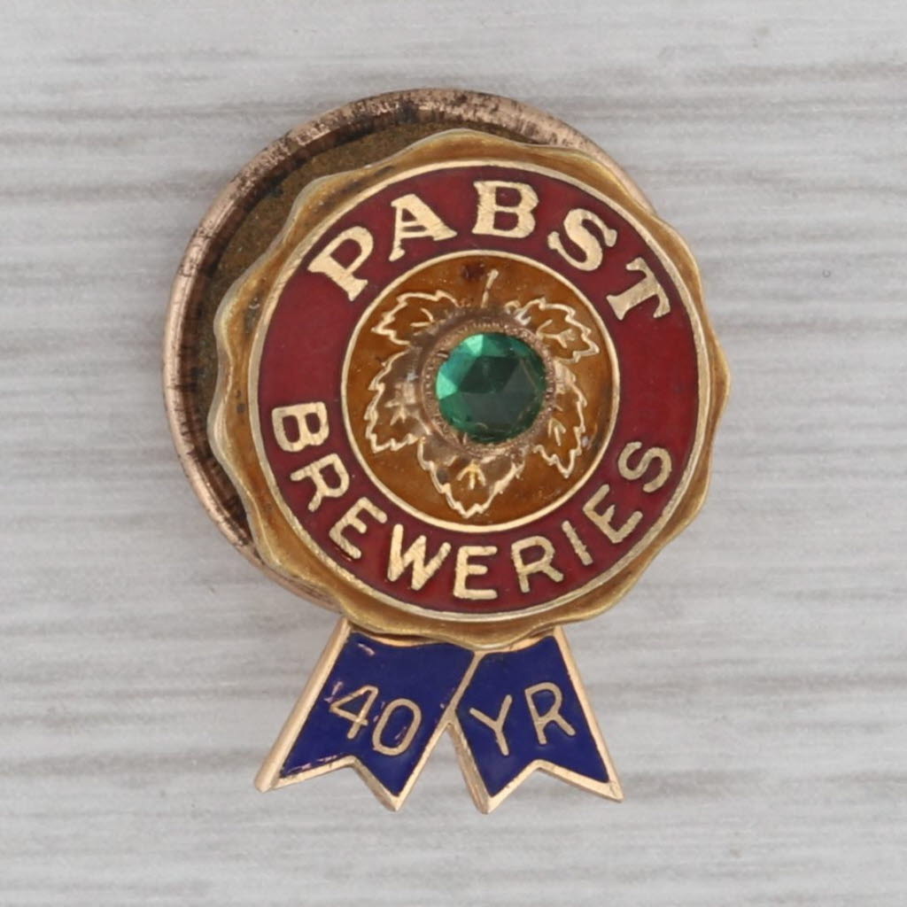 Gray Vintage Pabst Blue Ribbon 40 Year Service Pin 14k Gold Enamel Green Glass Lapel