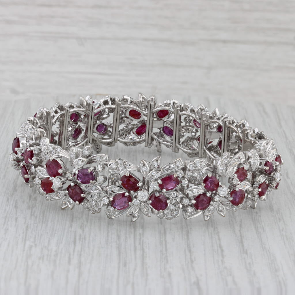 Gray 21.95ctw Ruby Diamond Flower Bracelet Gold Silver Palladium 7"