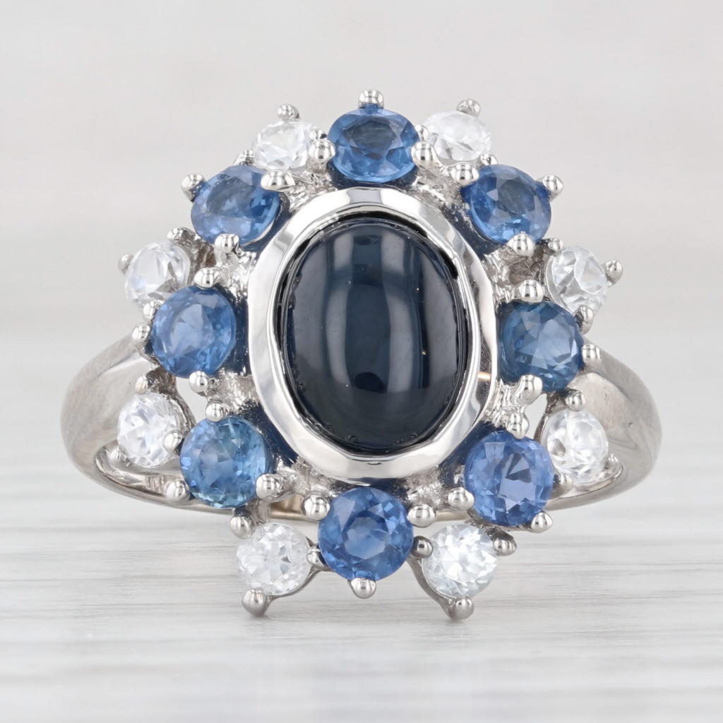 Light Gray Blue Cabochon Sapphire Zircon Halo Ring 10k White Gold Size 8