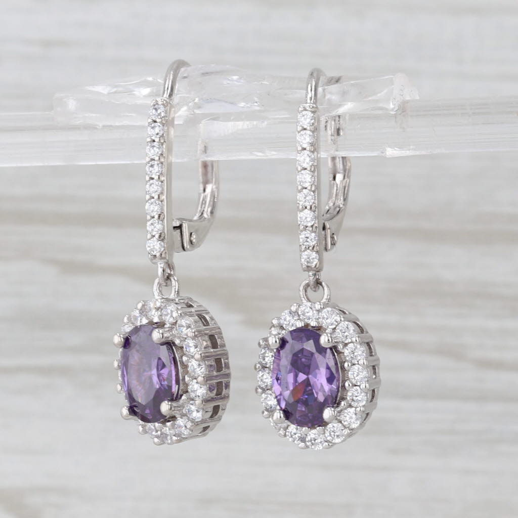 3.70ctw Purple White Cubic Zirconia Halo Dangle Earrings Sterling Silver