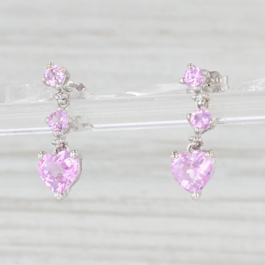 Light Gray 1.55ctw Lab Created Pink Sapphire Heart Dangle Earrings 10k Gold Pierced Drops