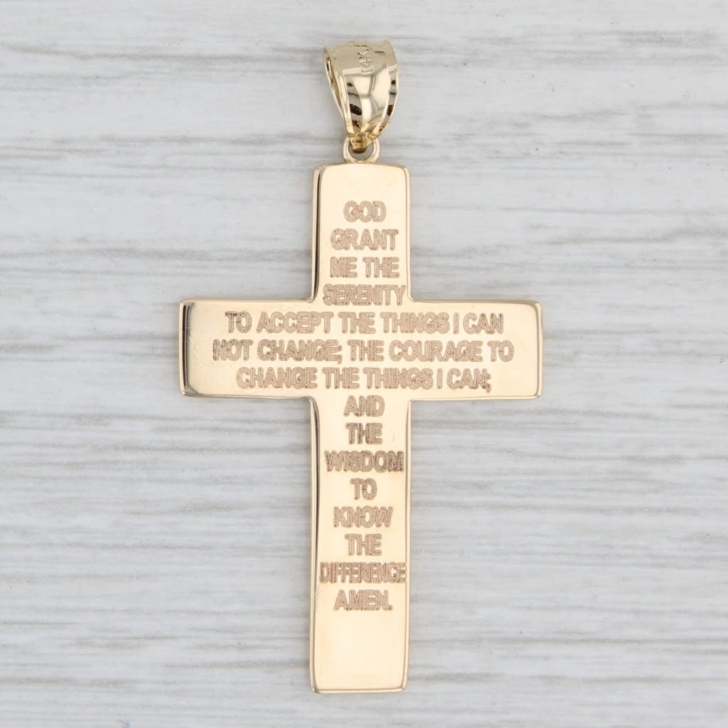 Light Gray Ornate Prayer of Serenity Cross Pendant 14k Yellow Gold Religious Jewelry