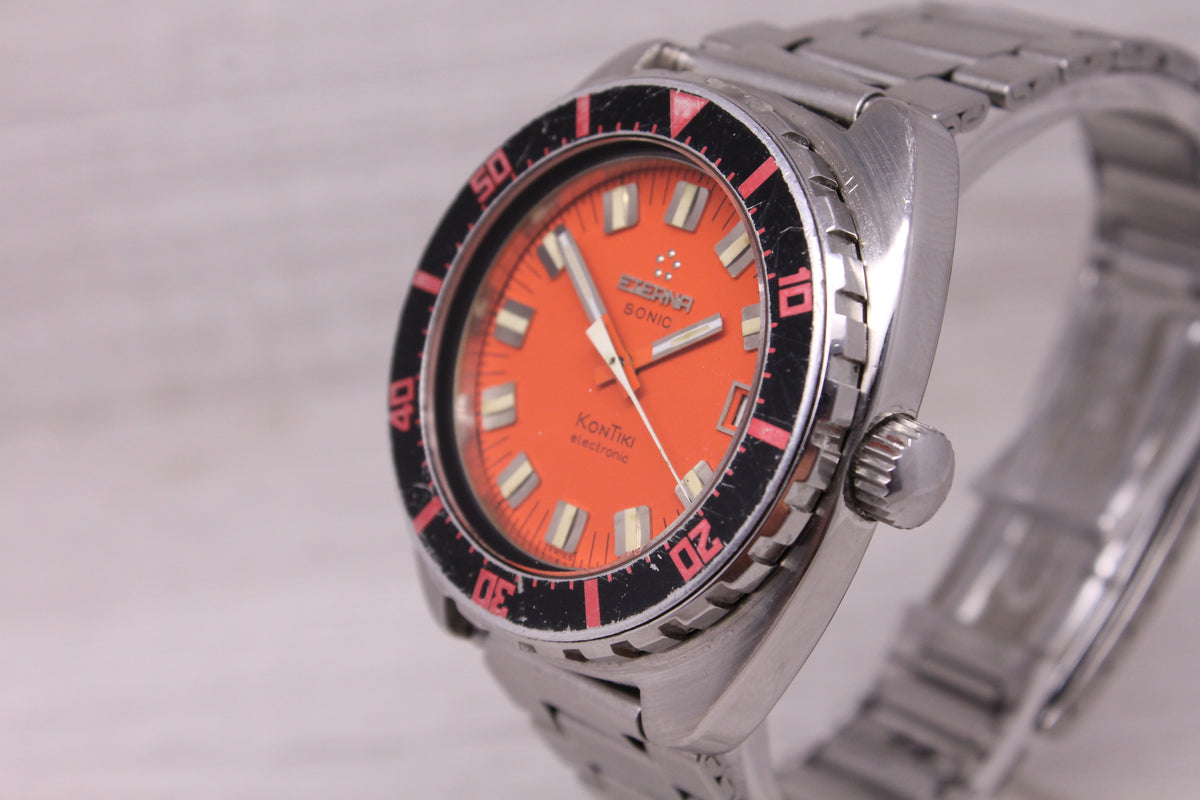 Vintage Eterna Sonic Kontiki Orange 41mm Steel Divers Watch Tuning Fork