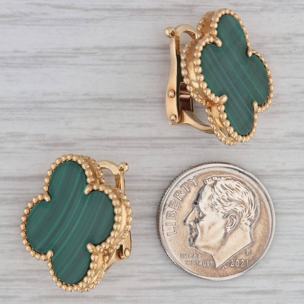 Gray Van Cleef Arpels VCA Alhambra Malachite Magic Clover Earrings 18k Gold Box Cert