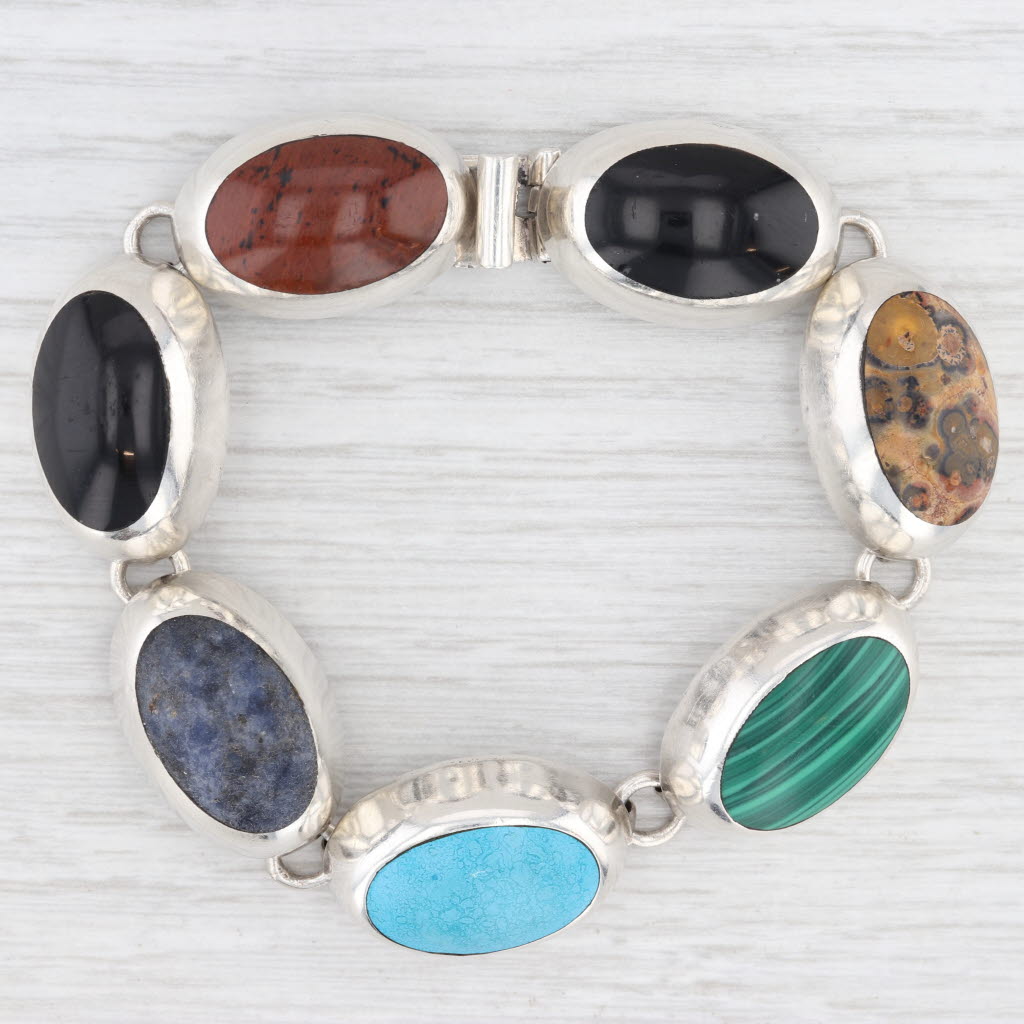 Light Gray Multi-stone Cabochon Oval Link Bracelet Sterling Silver 7" 16.2mm