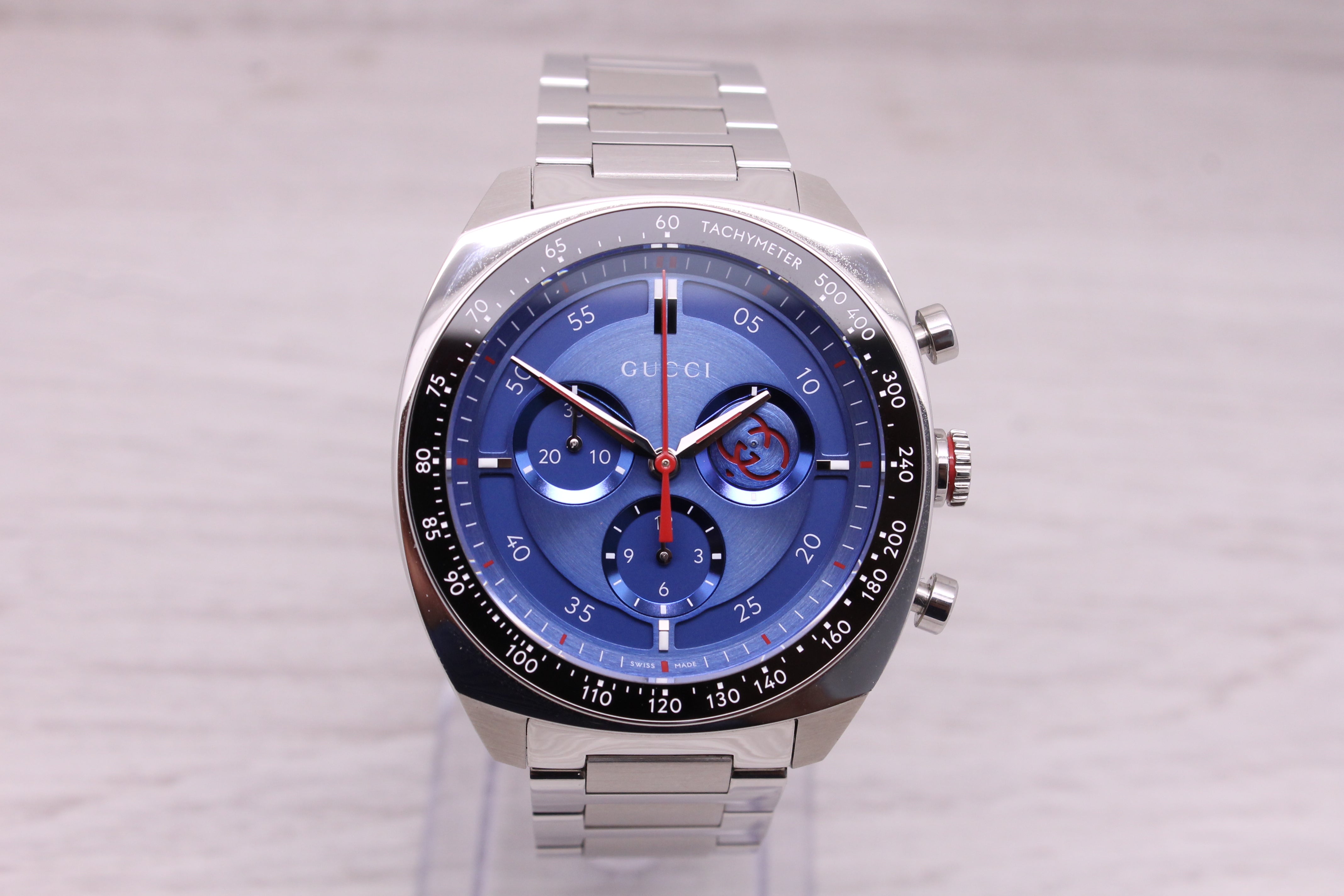 Thistle Gucci Interlocking 41mm Mens Steel Quartz Chronograph Watch Blue w/ Box YA142317