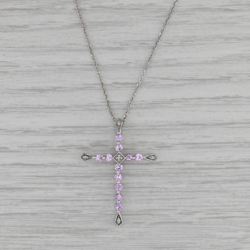 0.62ctw Pink Sapphire Diamond Cross Pendant Necklace 10k White Gold Cable Chain
