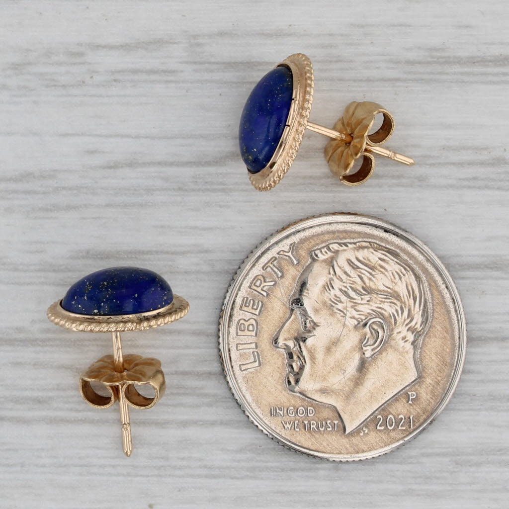 Gray Lapis Lazuli Stud Earrings 14k Yellow Gold Oval Cabochon Solitaires