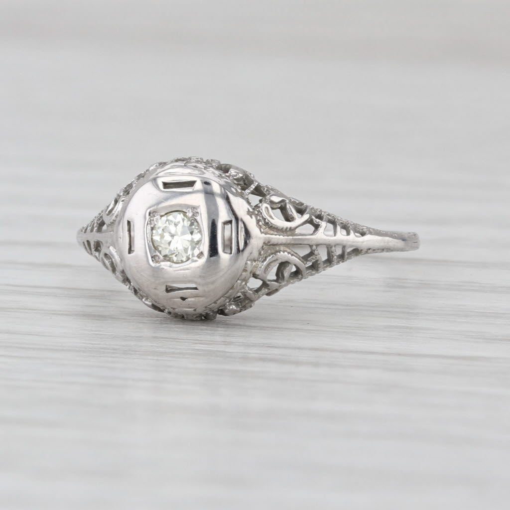 Art Deco Diamond Solitaire Ring 18k White Gold Size 7 Vintage Filigree