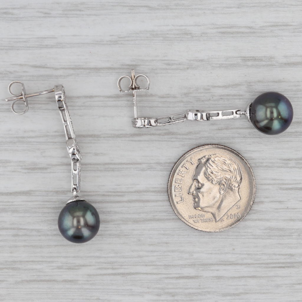 Gray Diamond Black Pearl 14k White Gold Dangle Earrings