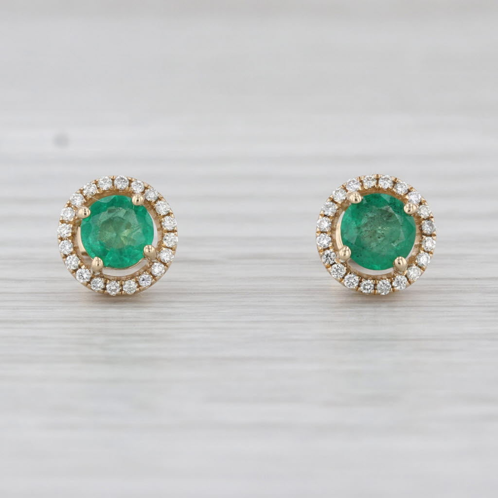 0.88ctw Emerald Diamond Halo Stud Earrings 14k Yellow Gold Round Studs