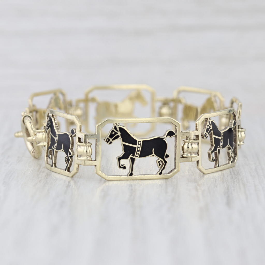 Vintage Black Enamel Horse Panel Bracelet 14k Yellow Gold 6.75" 12.1mm