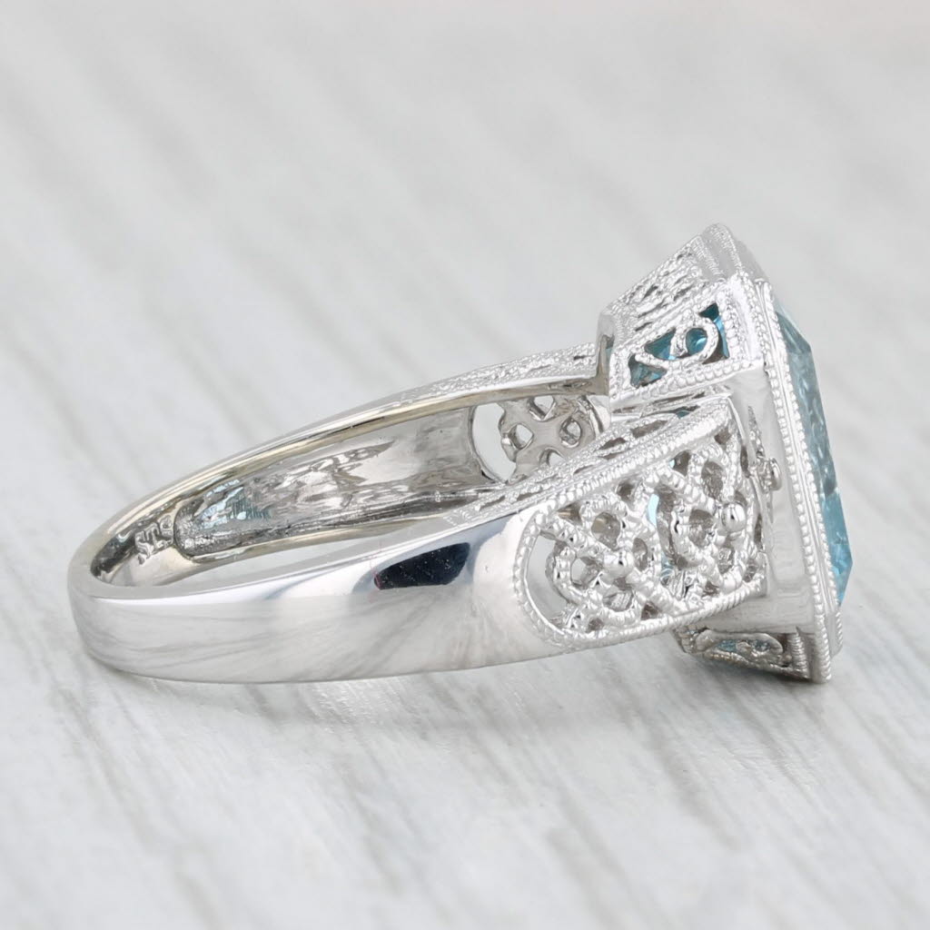 Light Gray 6.45ct Blue Topaz Solitaire Filigree Ring 14k White Gold Size 7