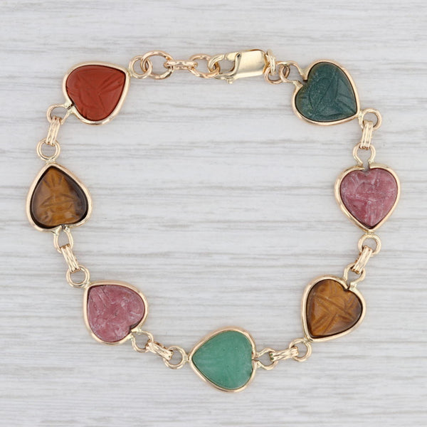 Light Gray Carved Scarab Stone Cabochon Hearts Bracelet 14k Yellow Gold 6.75" 11.7mm