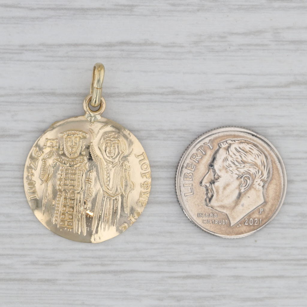 Gray Figural Ancient Byzantine Style Coin Pendant 14k Yellow Gold Medallion Drop