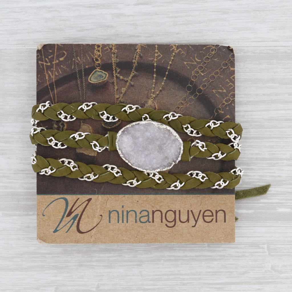 New Nina Wynn Cordelia Necklace Woven Green Leather White Druzy Quartz Pendant