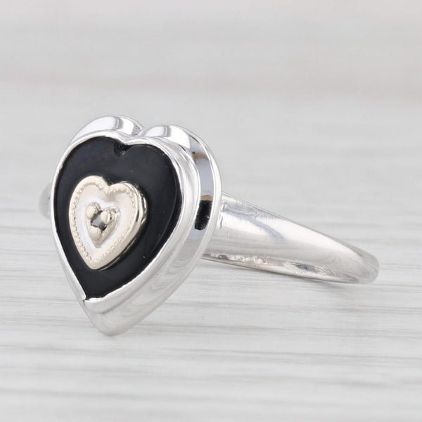 Vintage Onyx Heart Diamond Signet Ring 10k White Gold Size 7.25