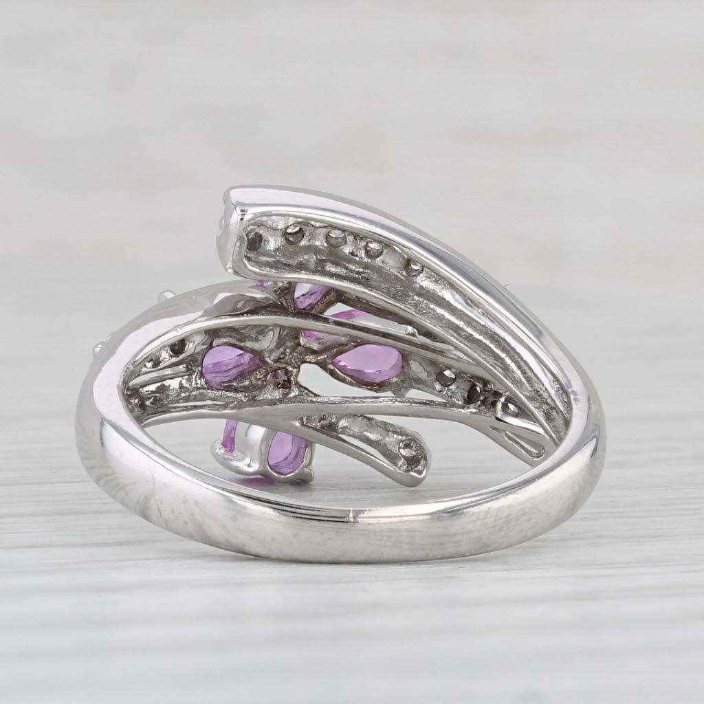 Light Gray 0.99ctw Pink Sapphire Diamond Flower Bypass Ring 14k White Gold Size 5.25