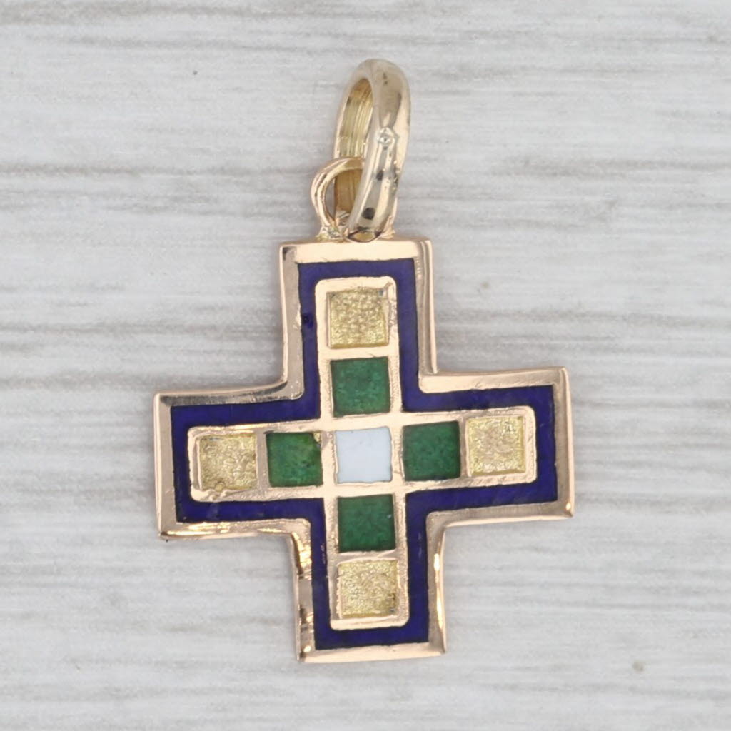 Light Gray Small Enamel Cross Pendant 14k Yellow Gold Charm
