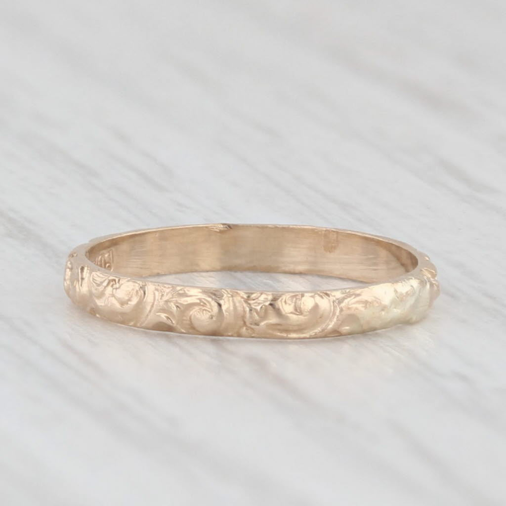 Light Gray Vintage Floral Engraved Baby Ring 10k Yellow Gold Small Size Band BDA