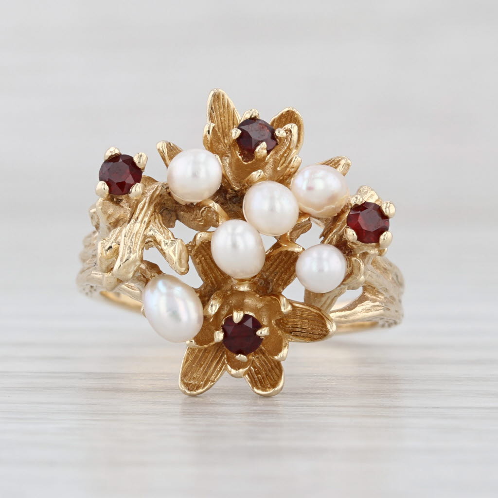 Cultured Pearl Clusters Garnet Flowers Ring 14k Yellow Gold Size 7.5