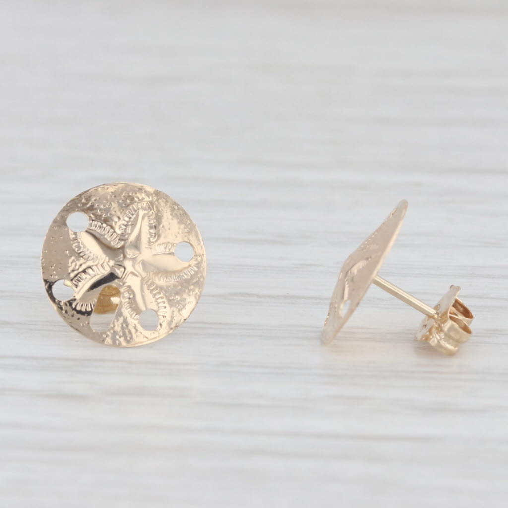 Light Gray Sand Dollar Stud Earrings 14k Yellow Gold Nautical Jewelry