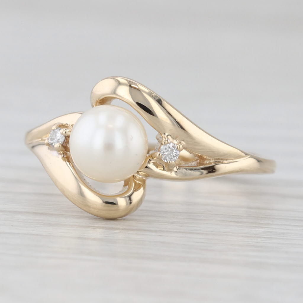 Saltwater Cultured Pearl Diamond Bypass Ring 10k Yellow Gold Size 6.75